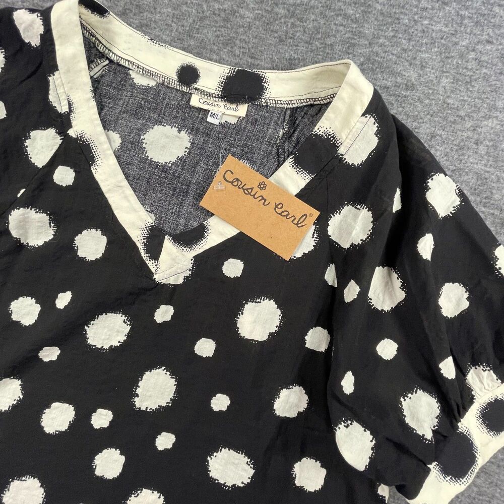 NWT Cousin Earl Polka Dot Contrast Blouse M/L Artsy Black Minimalist Boho Top - Picture 4 of 8